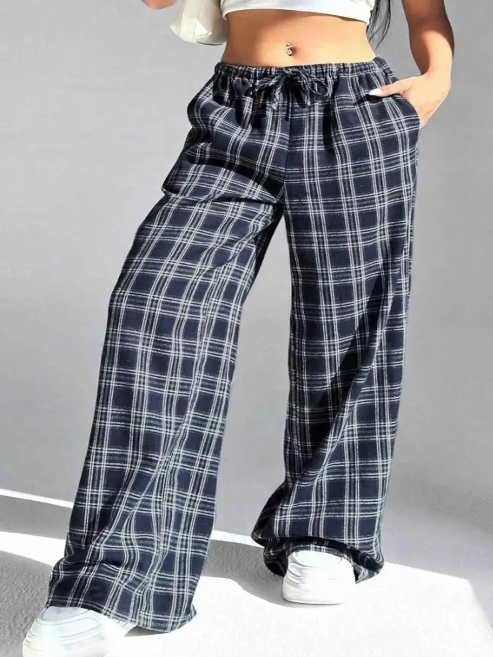 Plaid Drawstring Wide-Leg Pants
