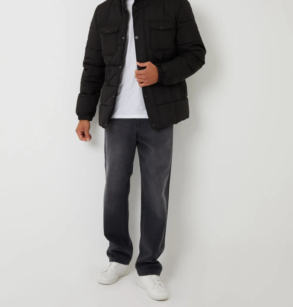 Men's Black Padded Funnel-Neck Jacket