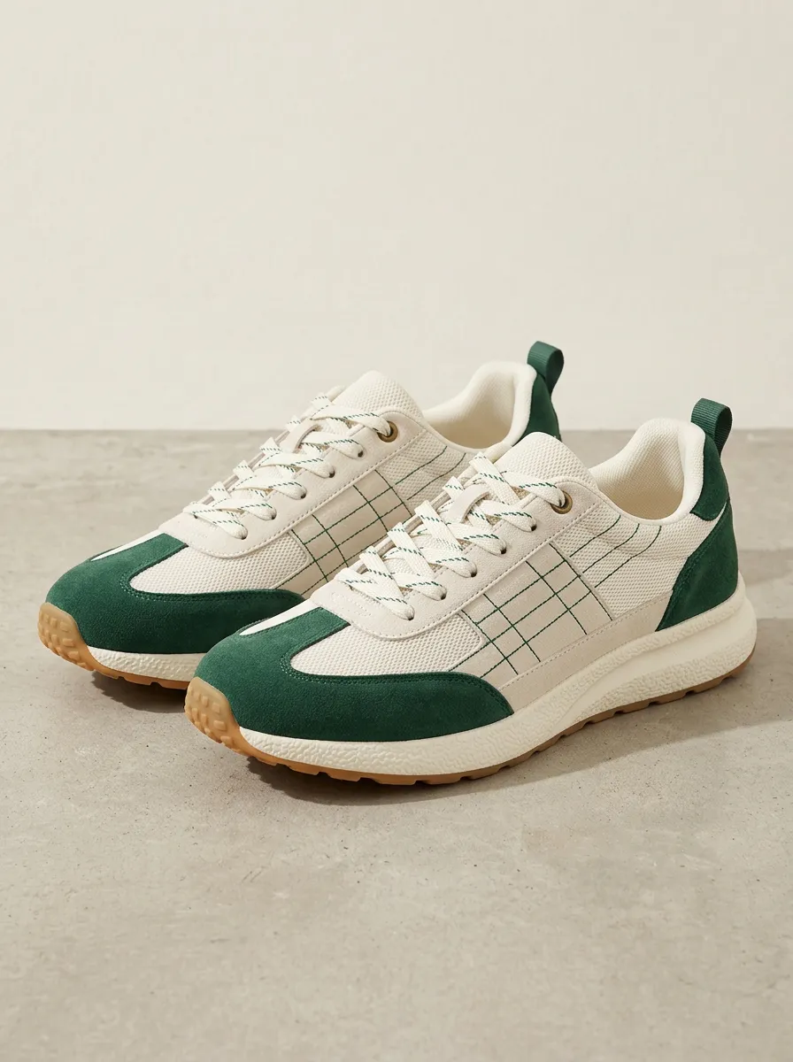 Unisex Green Grid-Pattern Casual Sneakers