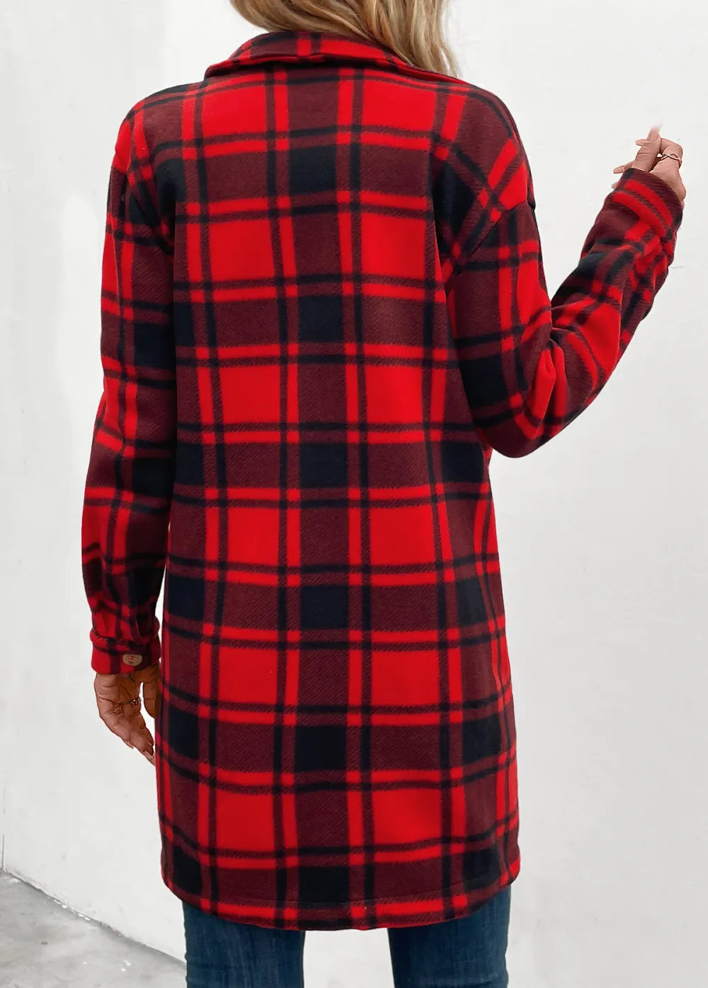 Red Pocket Plaid Long Sleeve Turn Down Collar Coat