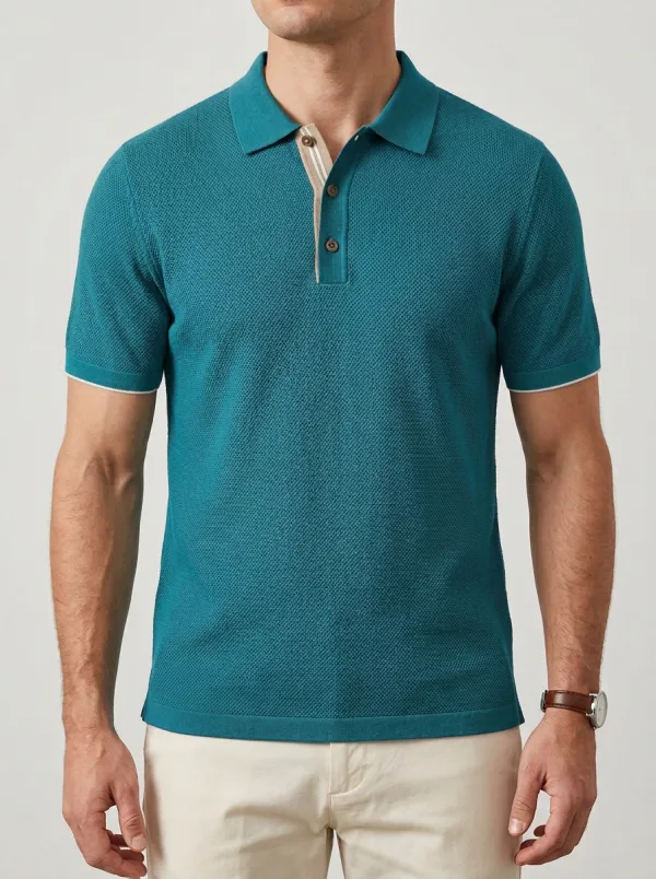 Men's Sage Green Textured Knit Button Placket Polo Shirt