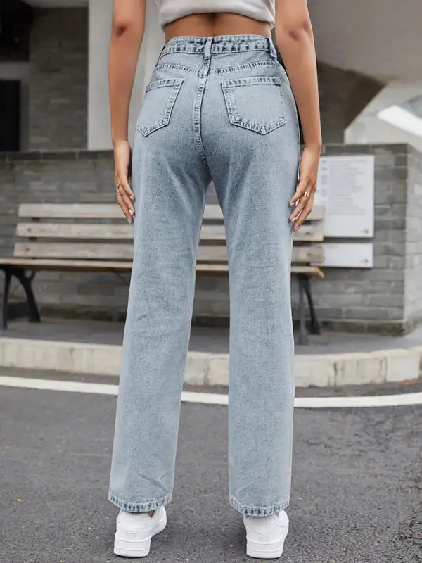 High-Waist Washed Pocketed Straight Leg Jeans