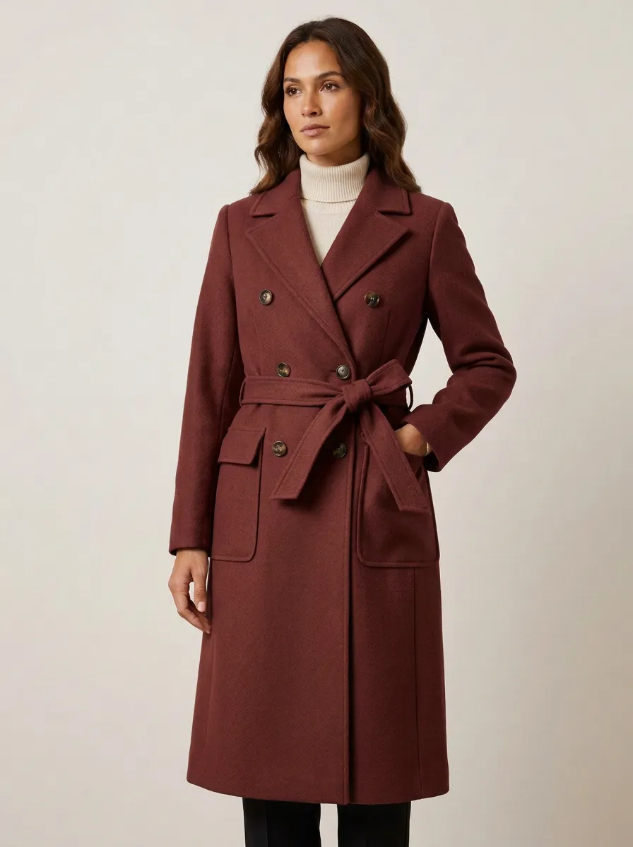 Women's Camel Double-Breasted Belted Wool Blend Trench Coat