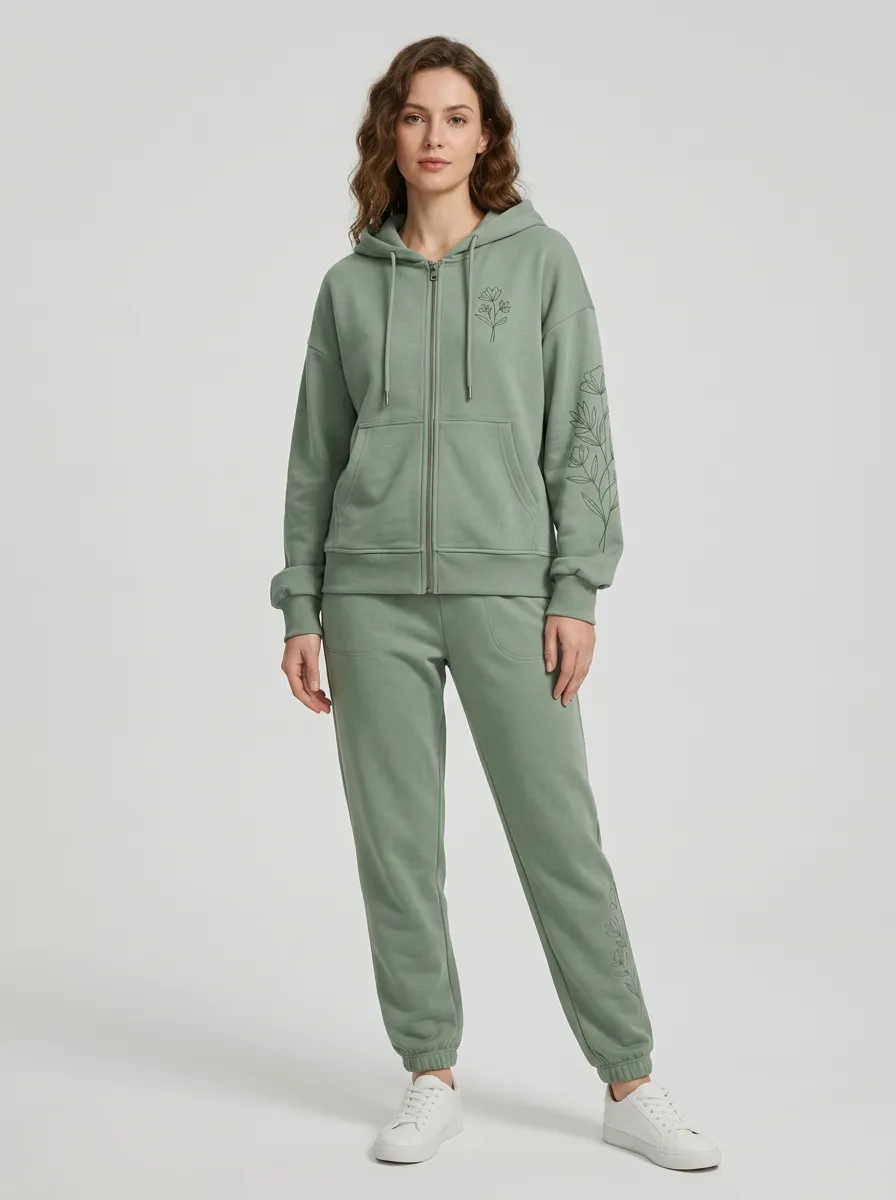 Women's Sage Green Floral Line Art Embroidered Drawstring Hood Zip-Up Hoodie Jacket & Jogger Set