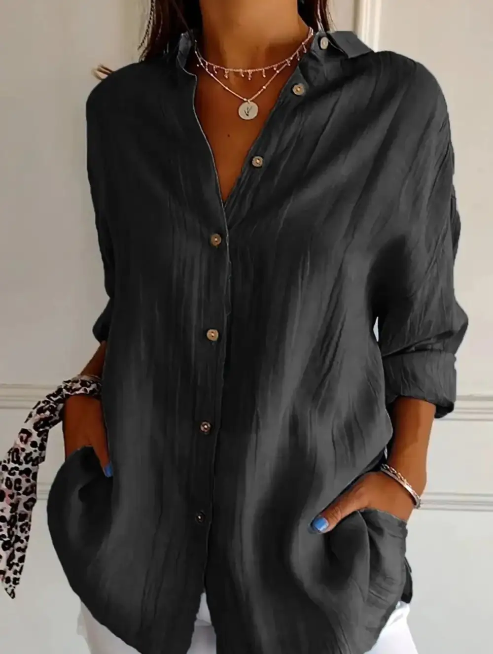 Button Detail Pleated Button-Up Shirt