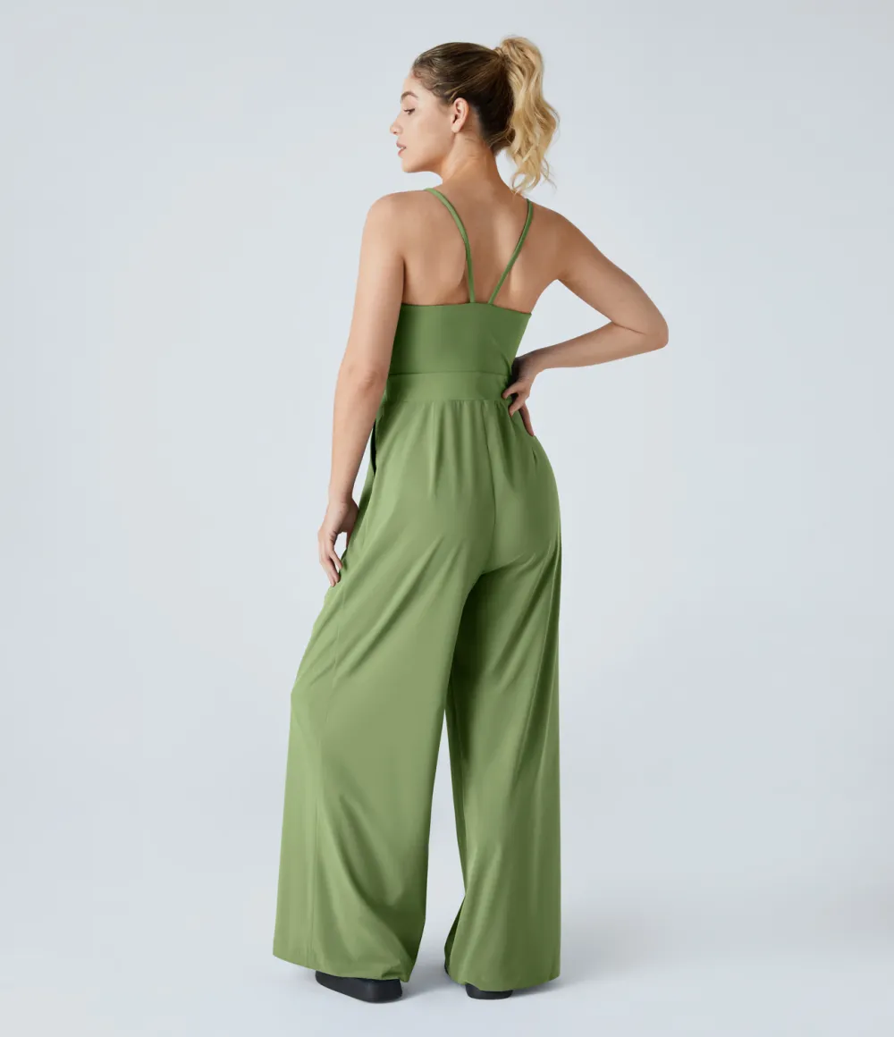 Breezeful Backless Side Invisible Zipper Pocket Wide Leg Quick Dry Resort Slip Jumpsuit