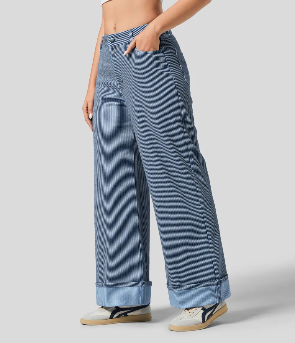 Magic Mid Rise Multiple Pockets Rolled Hem Striped Washed Stretchy Knit Casual Wide Leg Jeans