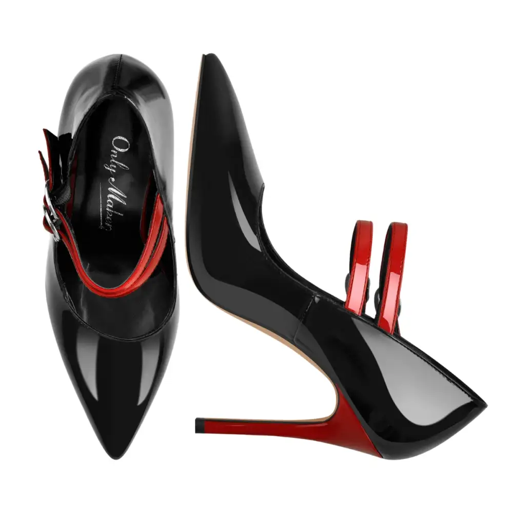 Patent Finish Pointed Toe Stiletto Buckle Strap Pumps