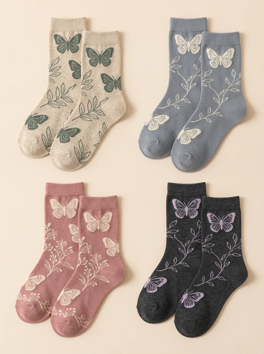 Women's Butterfly Vine Crew Socks Four Pair Set