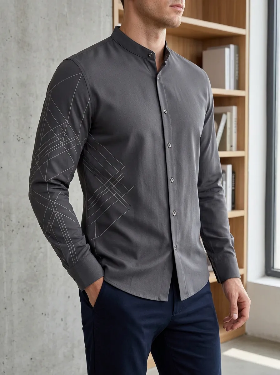 Men's Subtle Geometric Line Long Sleeve Mandarin Collar Slim Fit Shirt