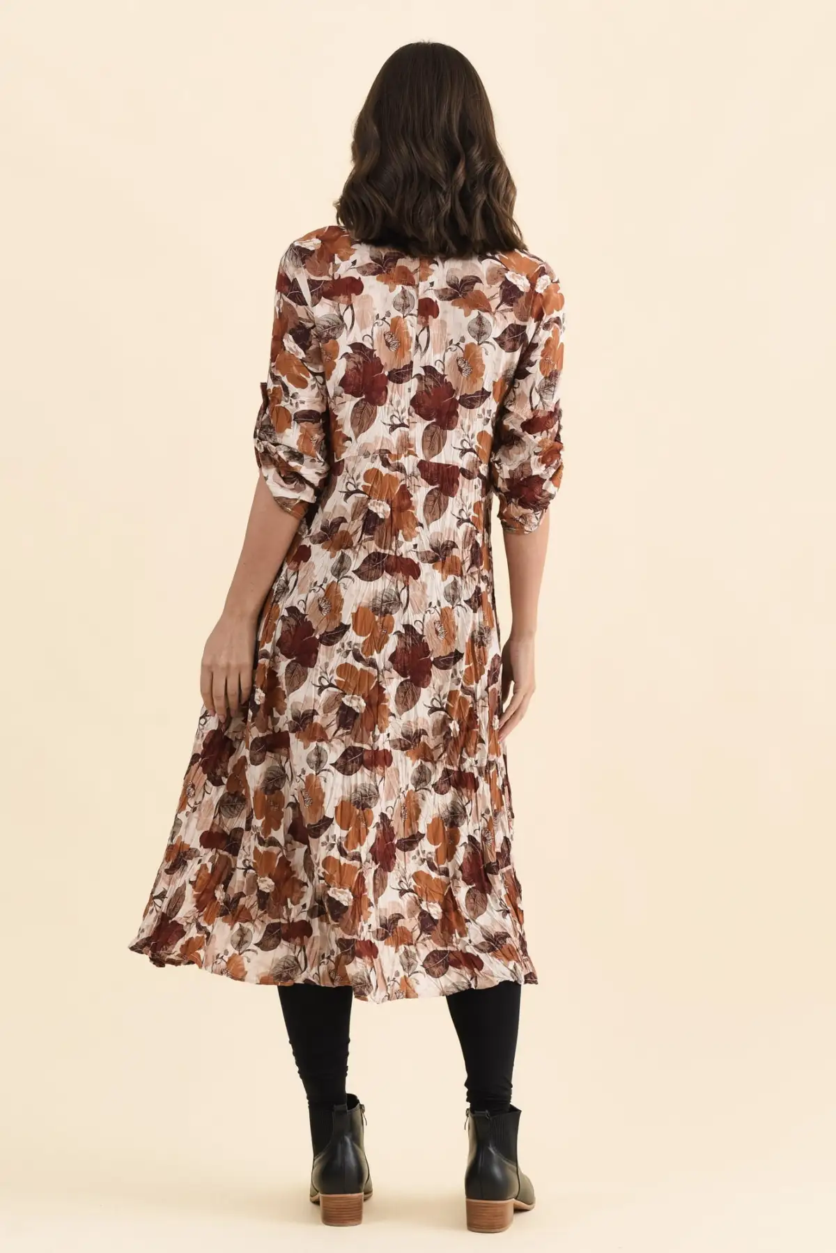 Floral Rayon Pocket Round-Neck Three-Quarter-Sleeve A-Line Below-Knee Dress