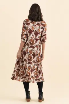 Floral Rayon Pocket Round-Neck Three-Quarter-Sleeve A-Line Below-Knee Dress