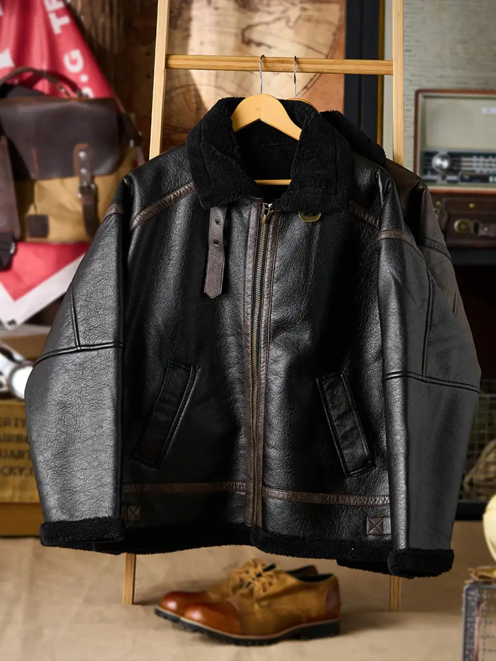 Men's Fleece Lined Leather Bomber Jacket