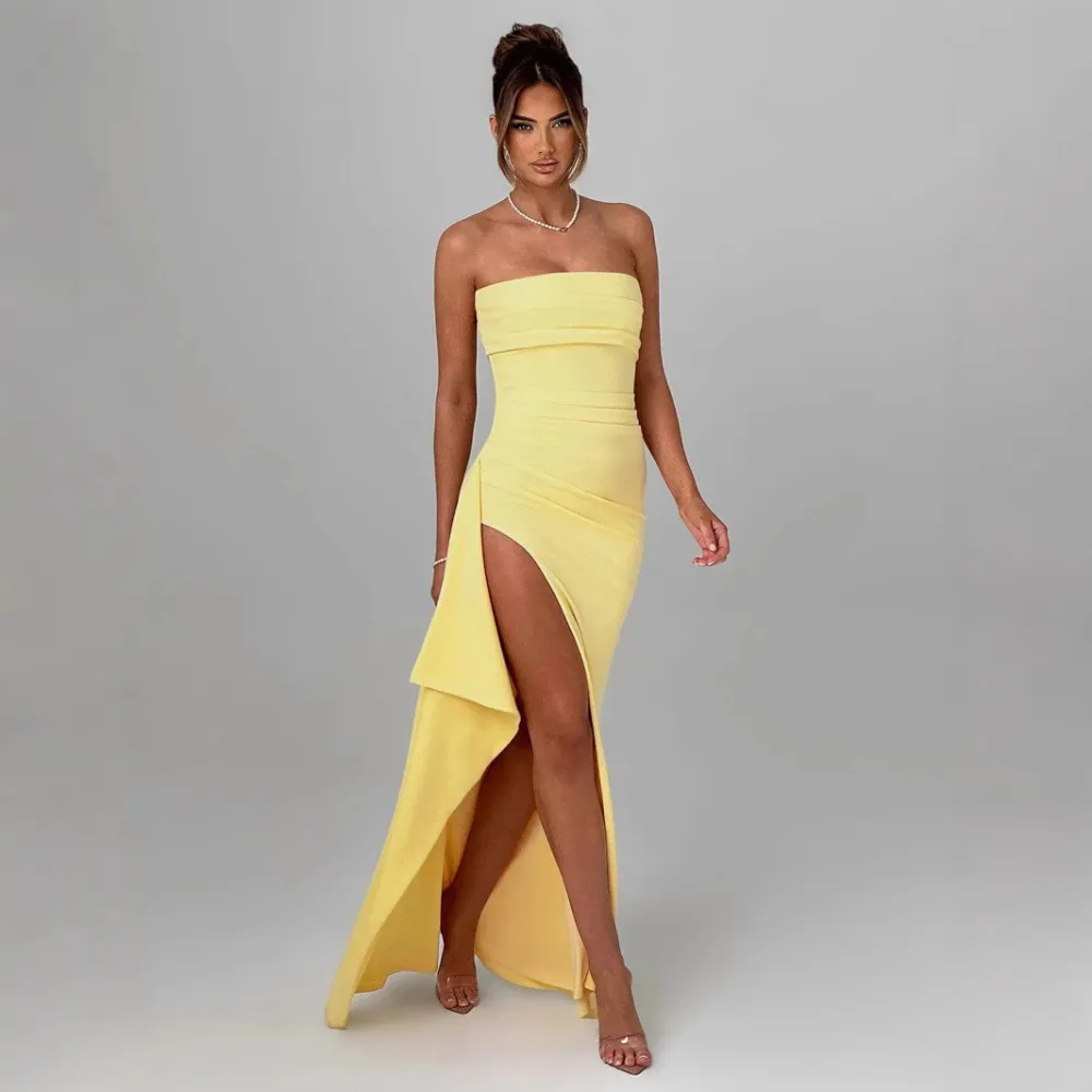  Strapless High Slit Evening Maxi Dress