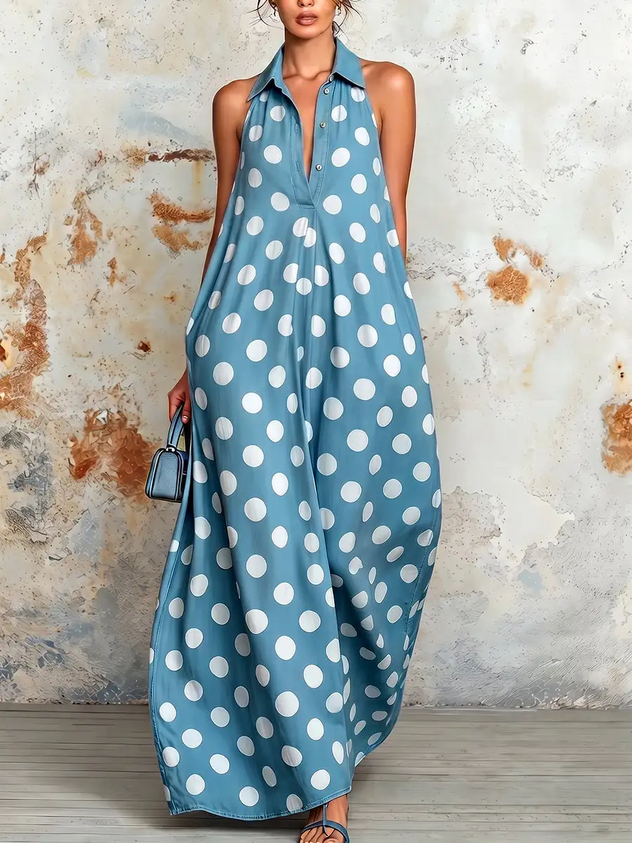Pleated Polka Dot Buttoned Maxi Dress