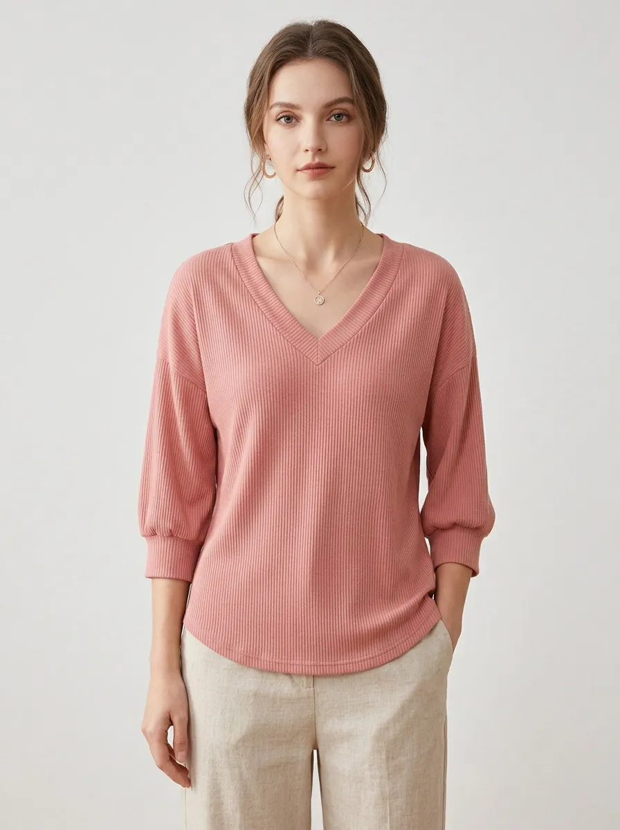 Three-Quarter-Sleeve Ribbed Women's V-Neck Shirt