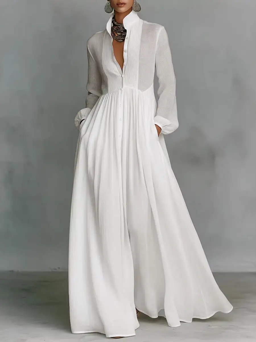 Pleated Buttoned Shirt Maxi Dress