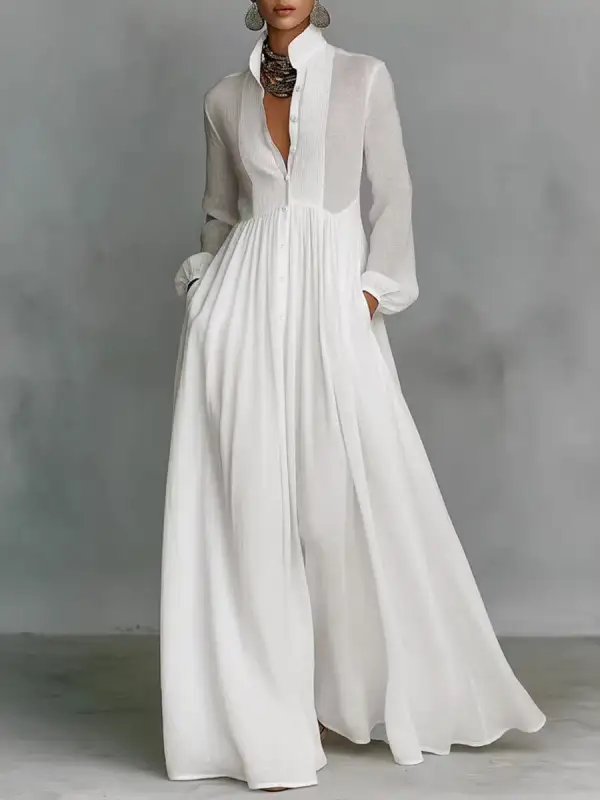 Pleated Buttoned Shirt Maxi Dress