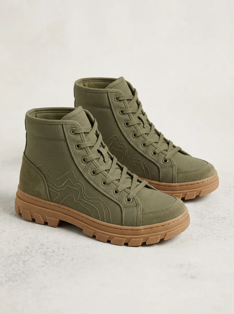 Alpine Mountain-Motif Canvas Hiking Boots