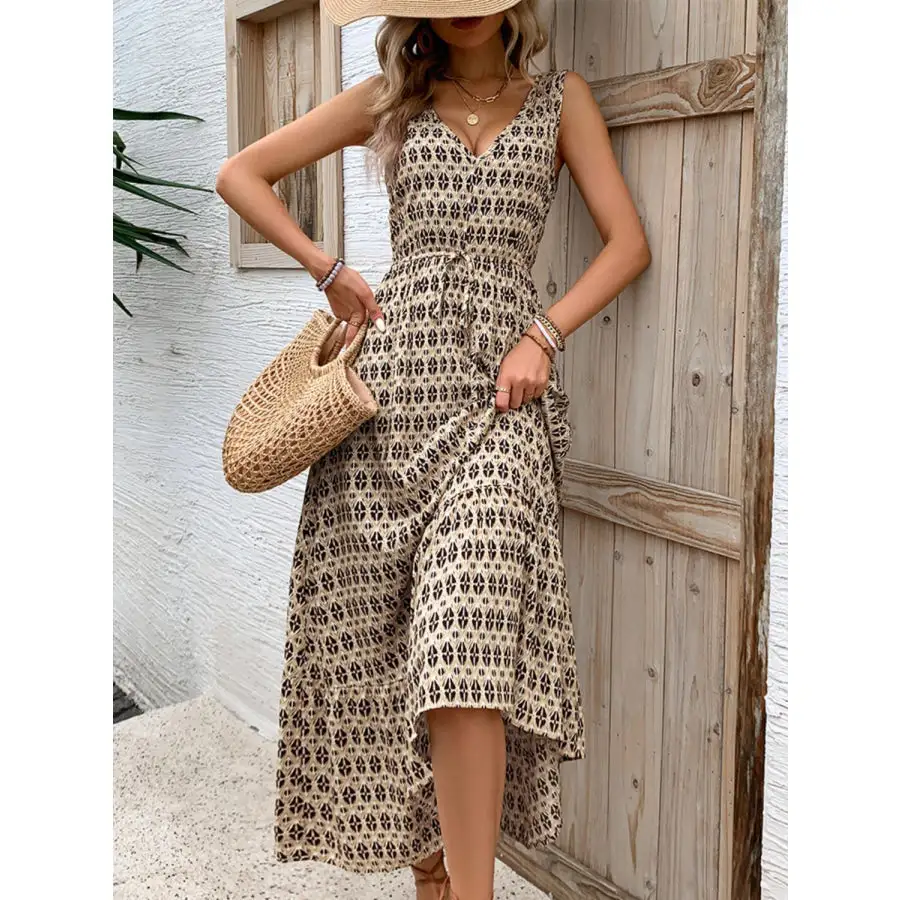 Printed V-neck Tie Waist Midi Dress