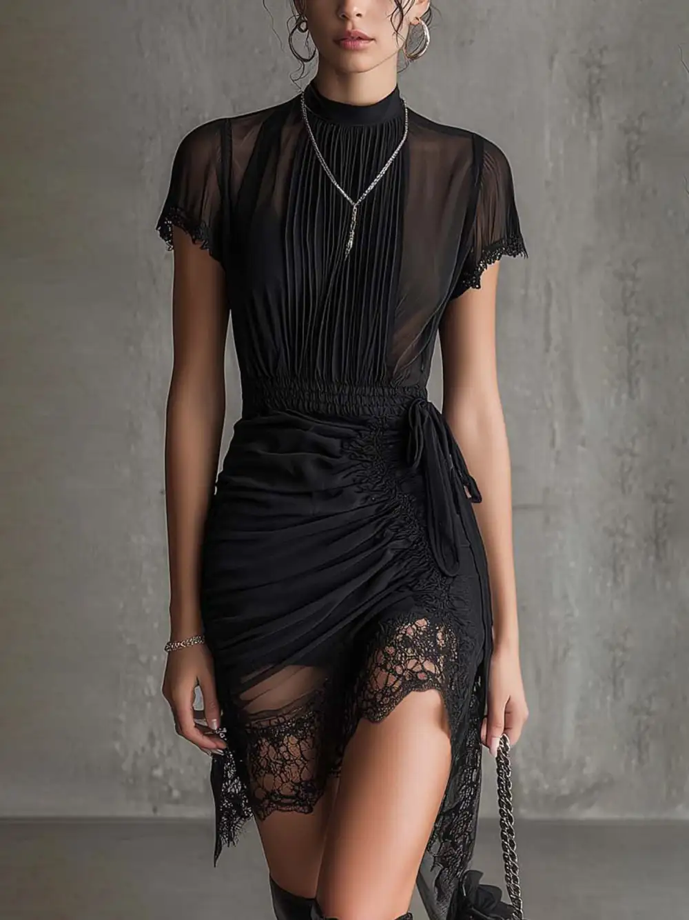 Pleated Lace Trim Mini Dress