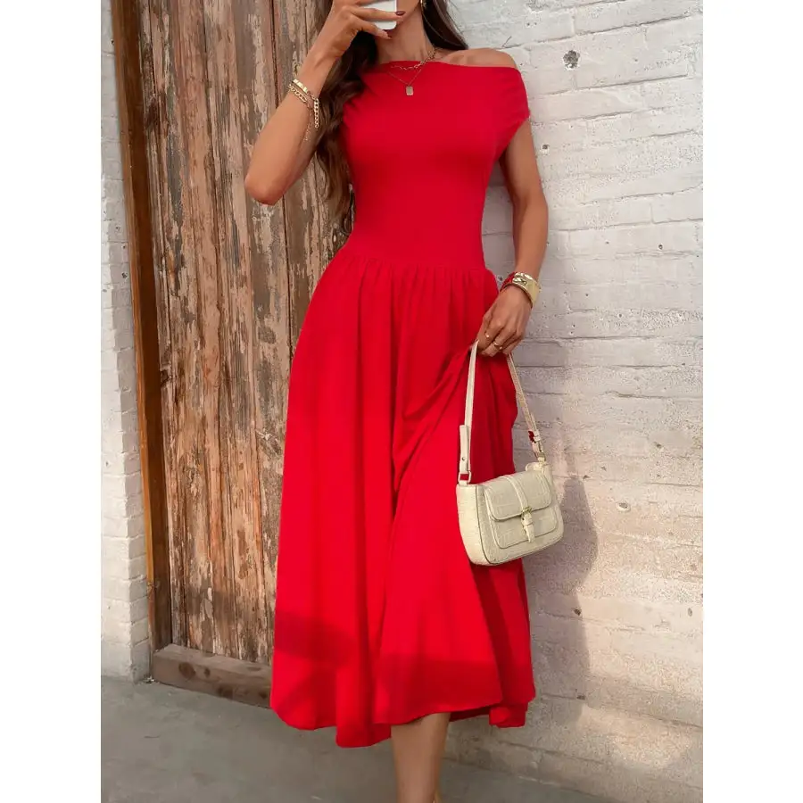 Single Shoulder Midi Dress with Pockets