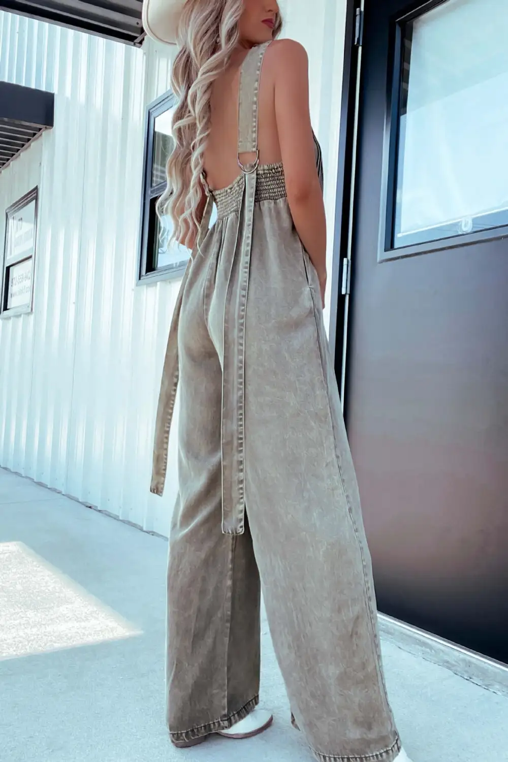 V Neck Wide Leg Everyday Jumpsuit Denim Pants