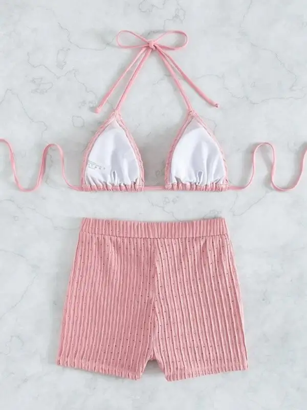 Lace Up Textured Coordinated Bikini Swim Set