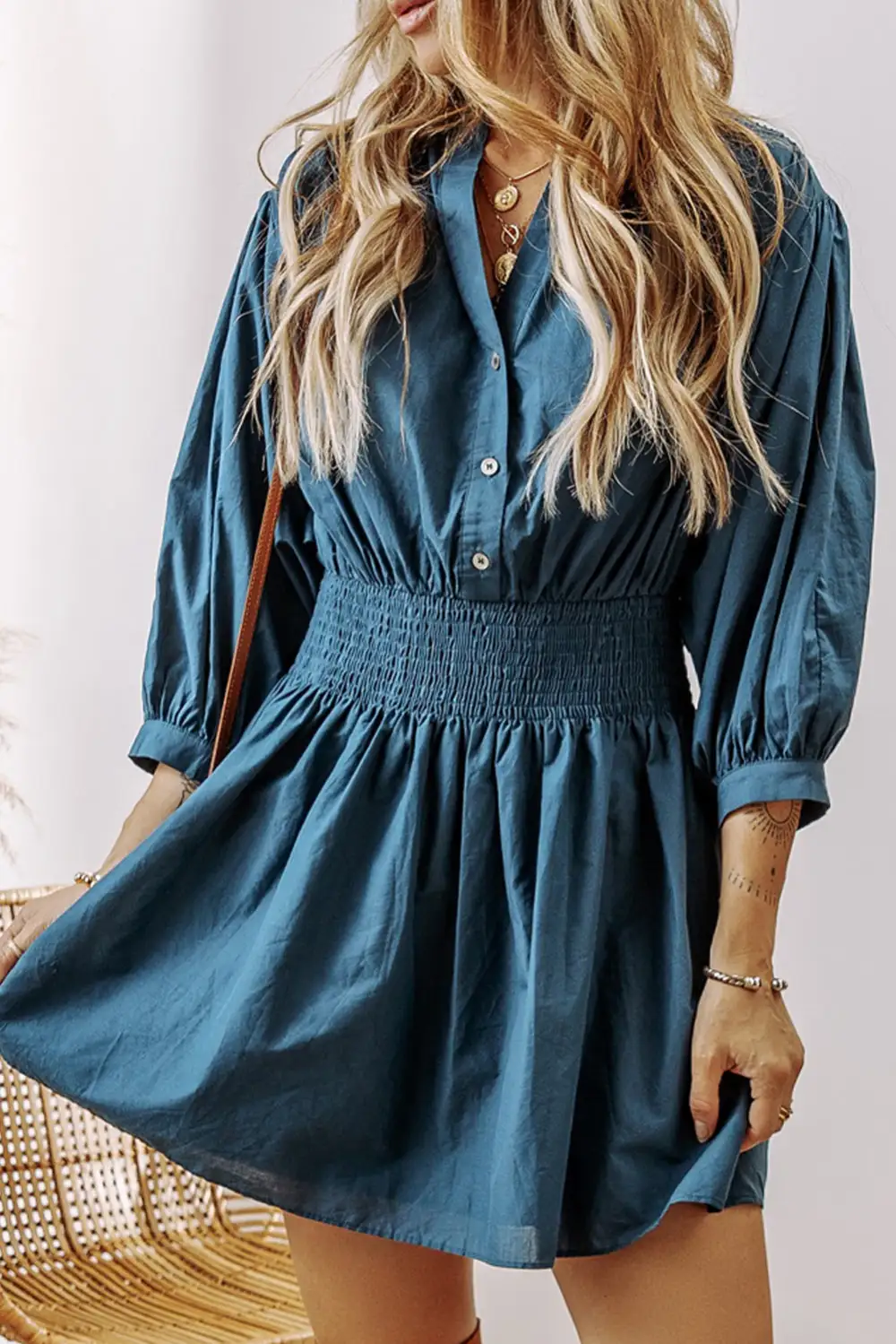 Sleeve Shirred High Waist Buttoned Mini Dress