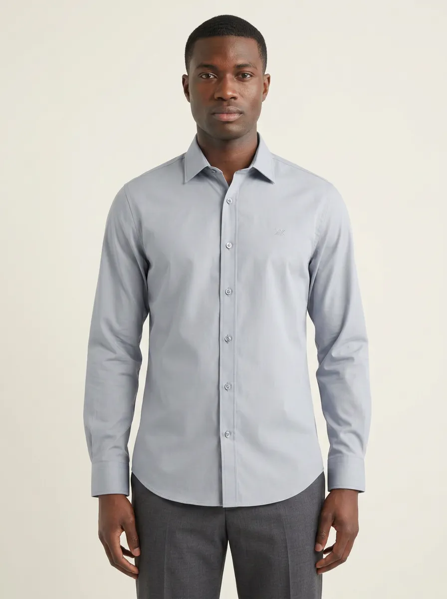 Men's Non-Iron Cotton Solid Grey Embroidered Logo Dress Shirt