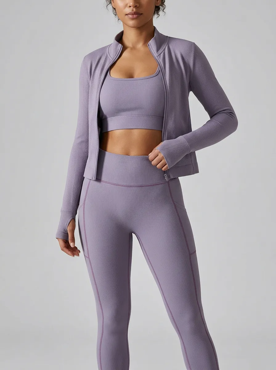 Streetwear Ribbed Texture Detail Women's Three Piece Activewear Set