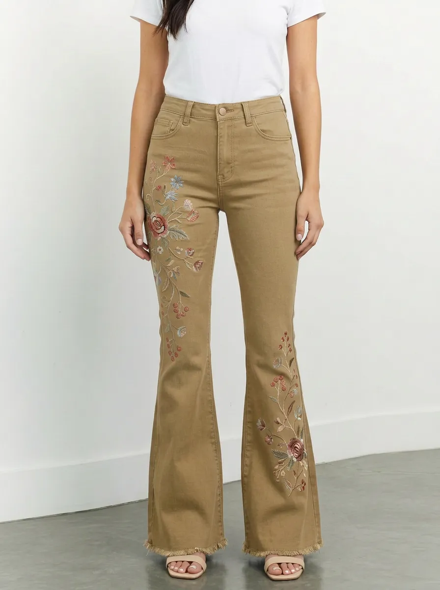 Women's Vintage Floral Embroidered Denim Flare Jeans
