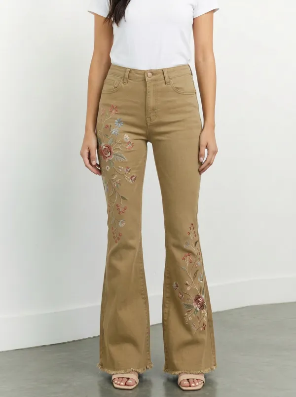 Women's Vintage Floral Embroidered Denim Flare Jeans