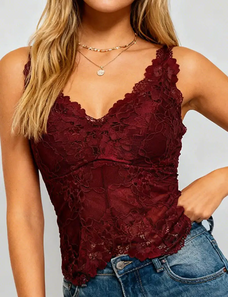Romantic Sheer Lace V Neck Spaghetti Strap Cami Top