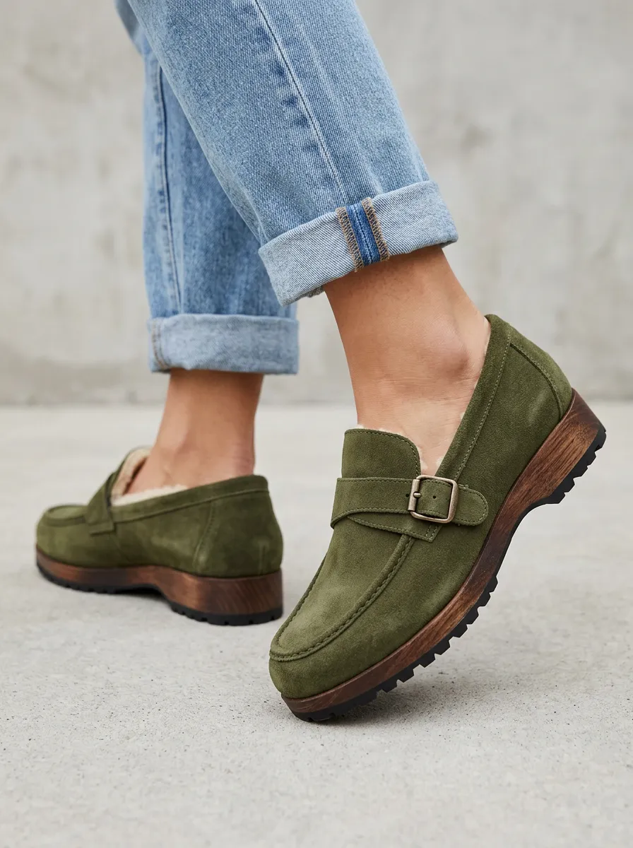 Women's Rugged Faux Fur Lined Buckle Detail Suede Wood Sole Loafers