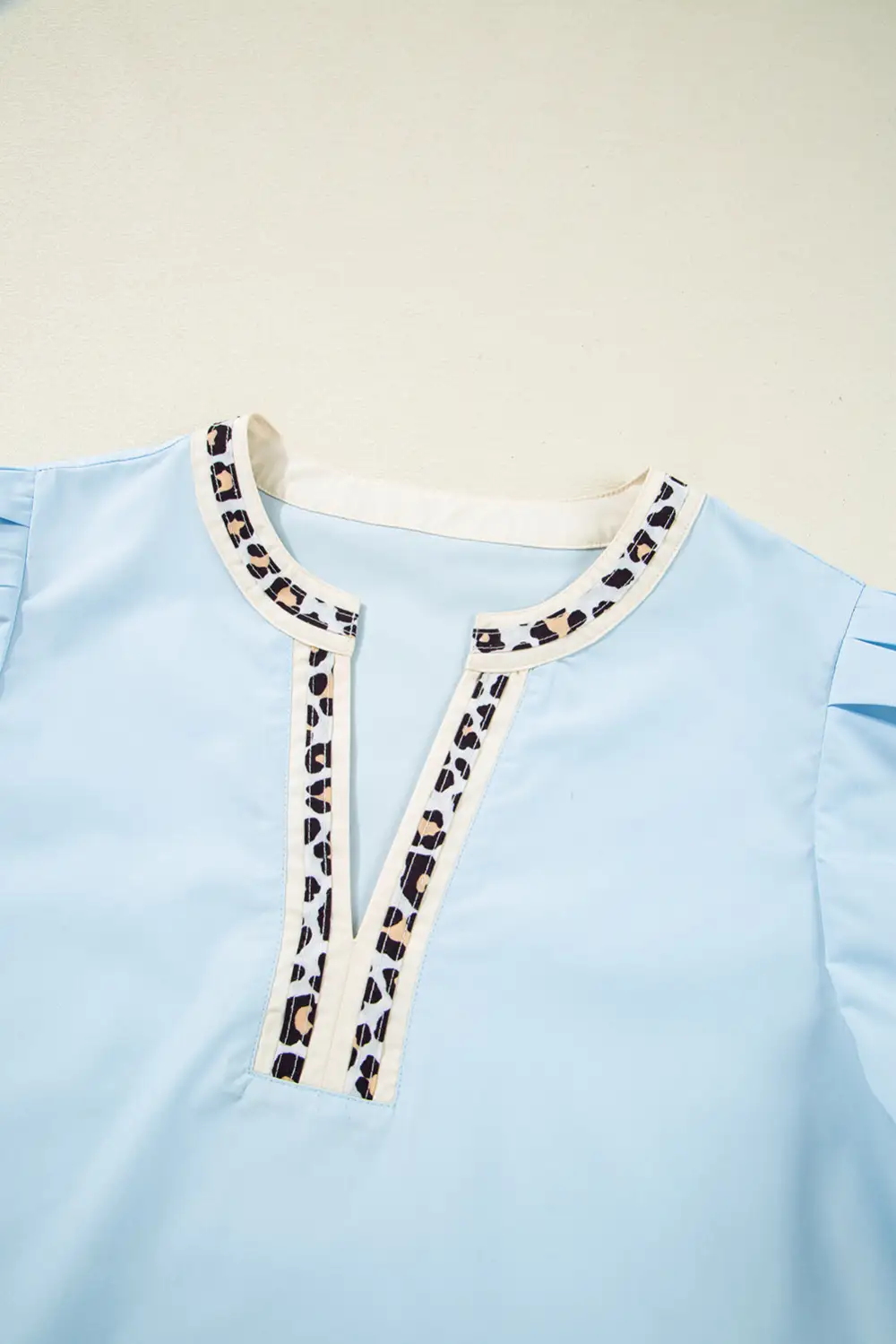 Leopard Print Puff Sleeve Split Neck Blouse