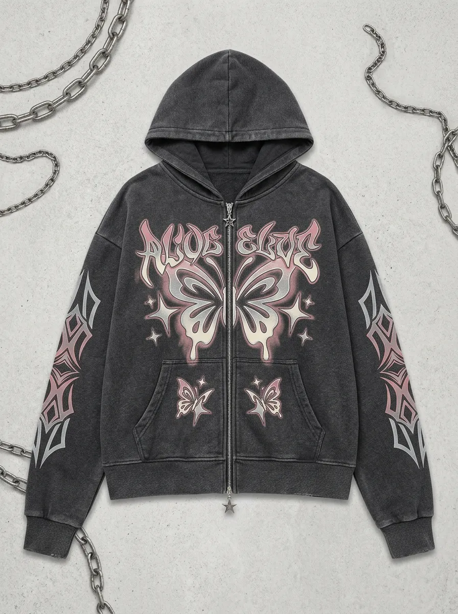 Unisex Streetwear Y2K Butterfly Graphic Printed Zip-up Hoodie