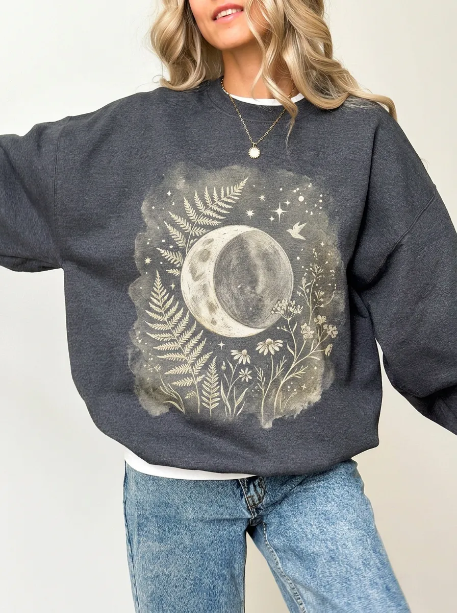 Women's Celestial Moon Fern Floral Graphic Sweatshirt