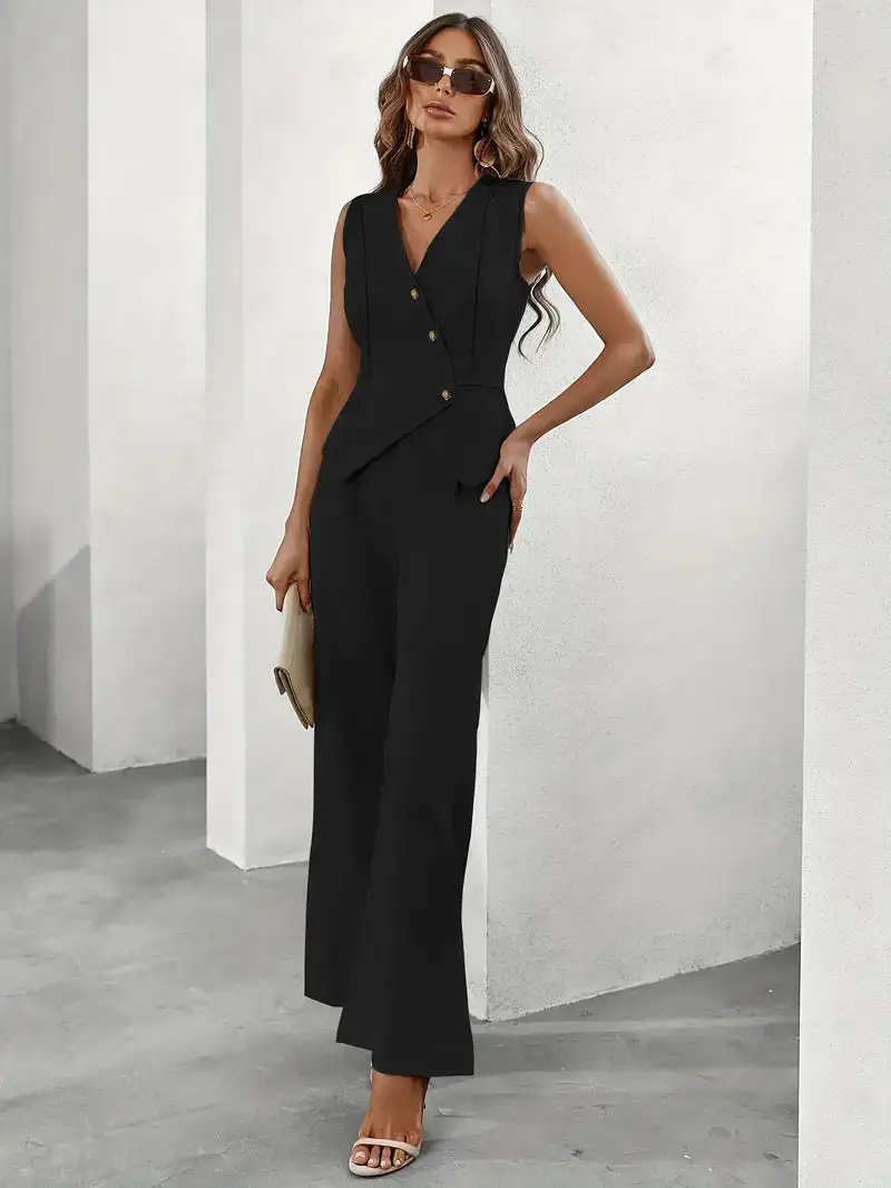  Sleeveless Vest Wide Leg Pants Set