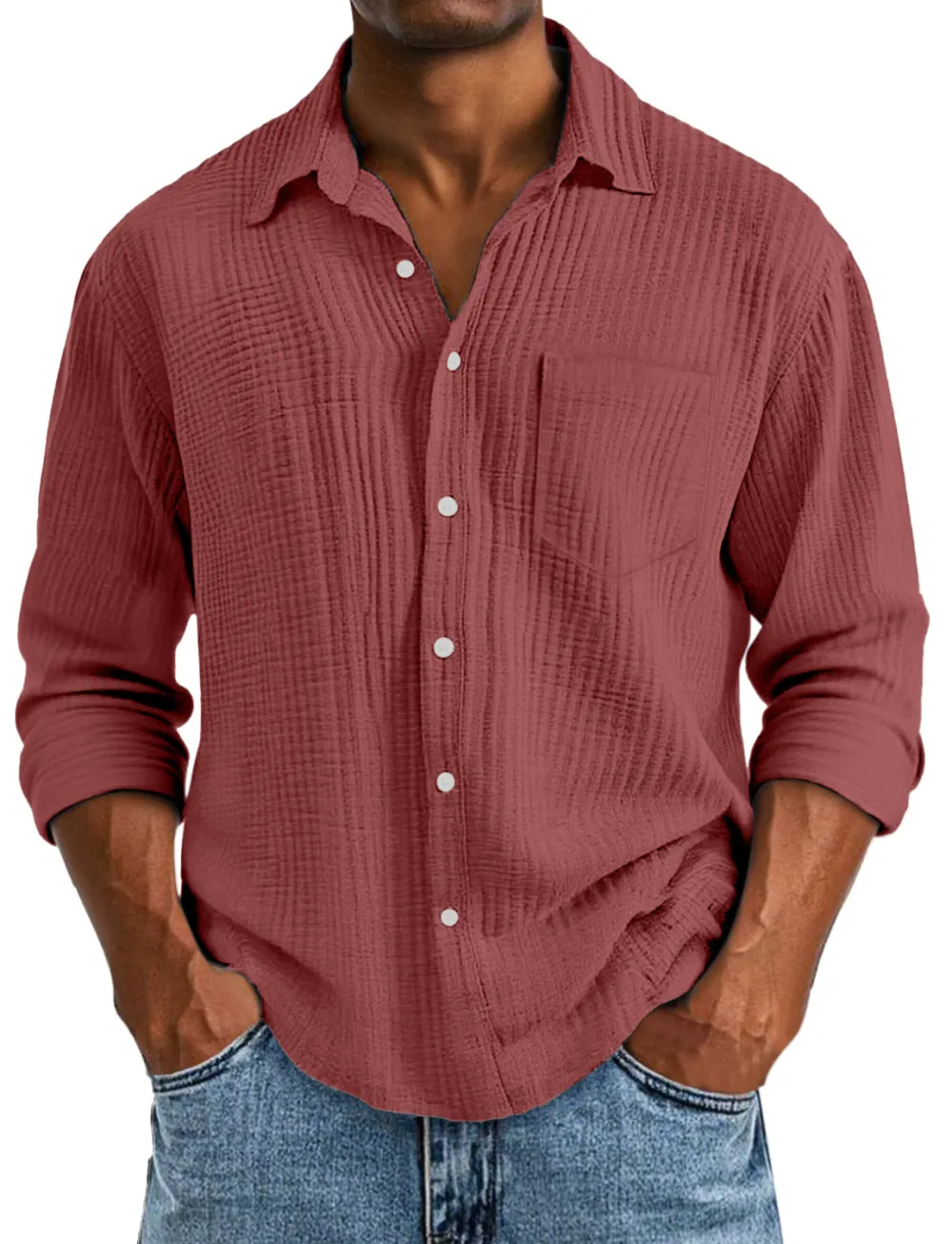 Long Sleeve Open Collar Pleated Front Shirt