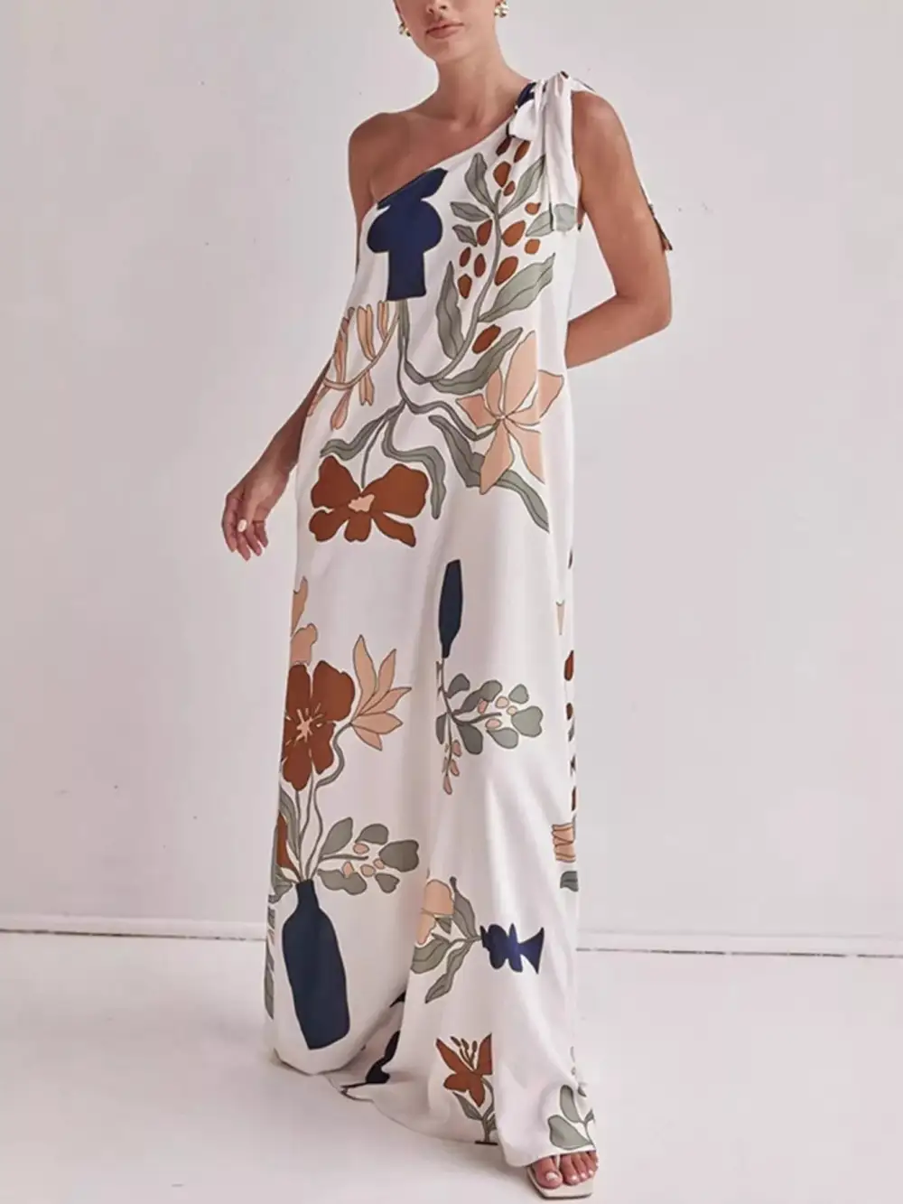 Bohemian Floral Print One Shoulder Maxi Dress