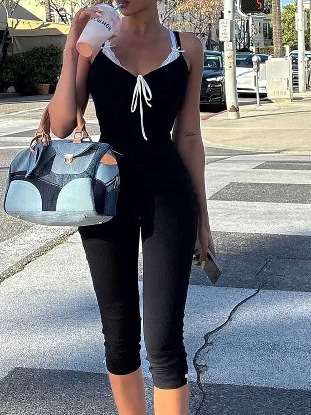 Lace Trim Tie Front Capri Jumpsuit