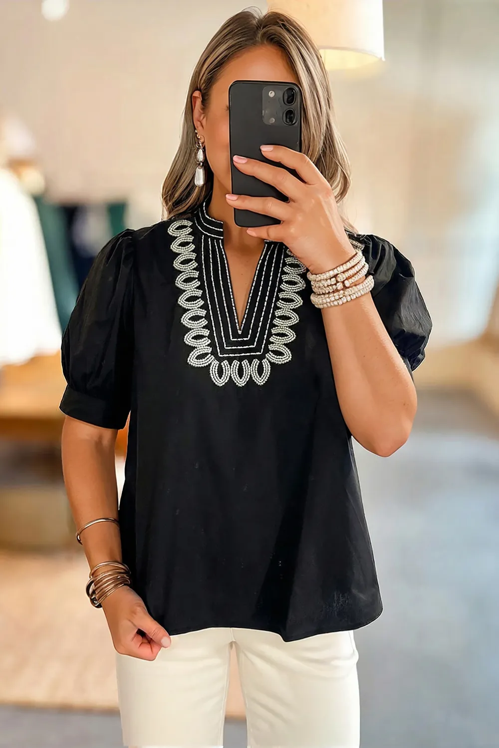 Black Short Puff Sleeve Contrast Blouse