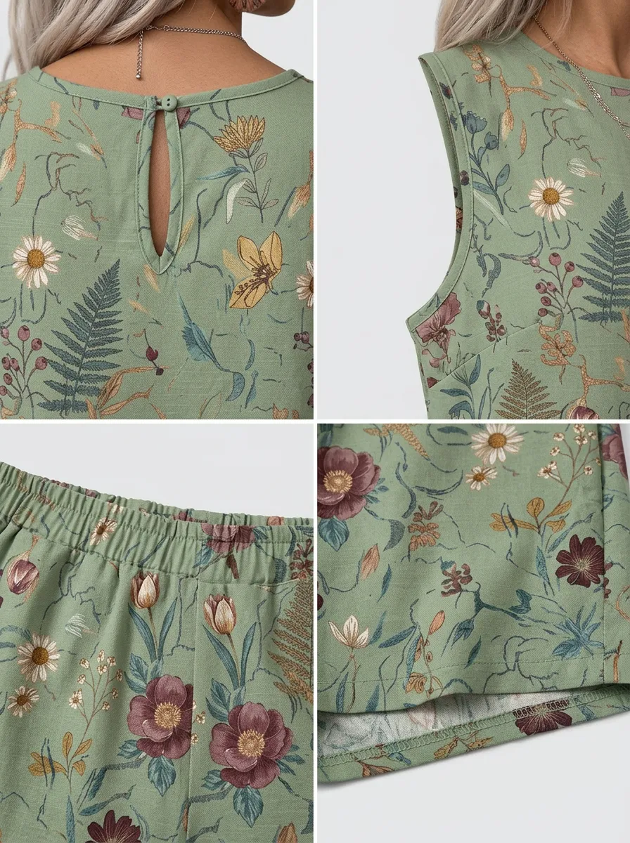 Women's Botanical Garden Floral Fern Printed Sleeveless Short Set