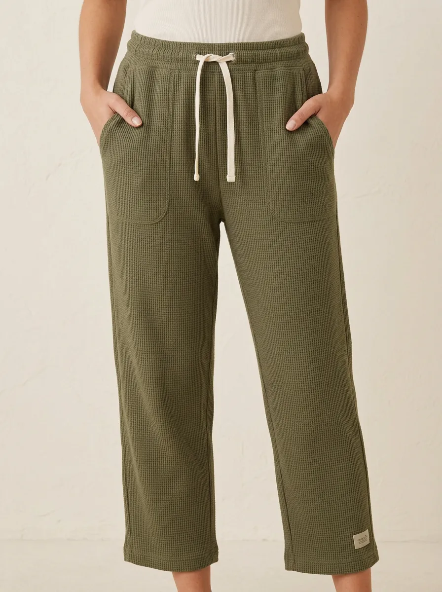 Women's Olive Green Waffle Knit Drawstring Lounge Pants
