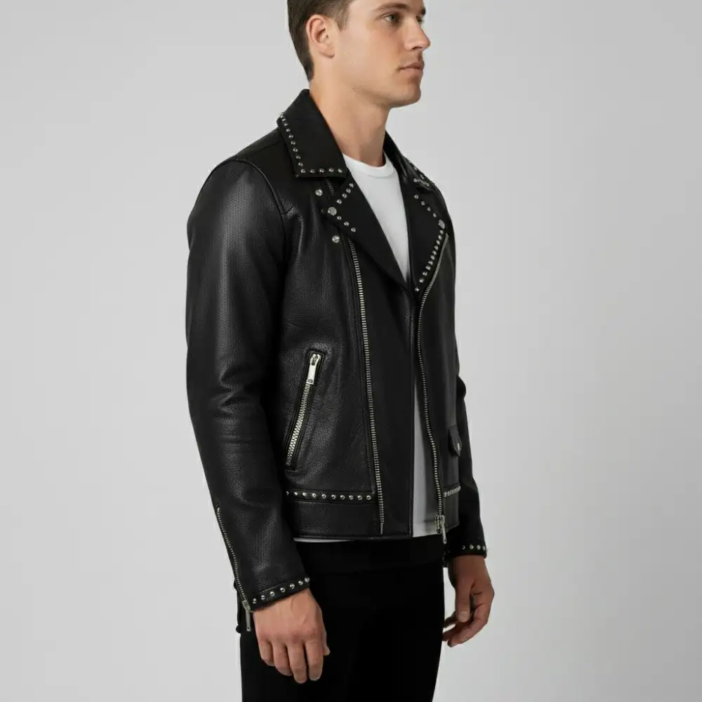 Structured Leather Biker Motorcycle Studded Jacket