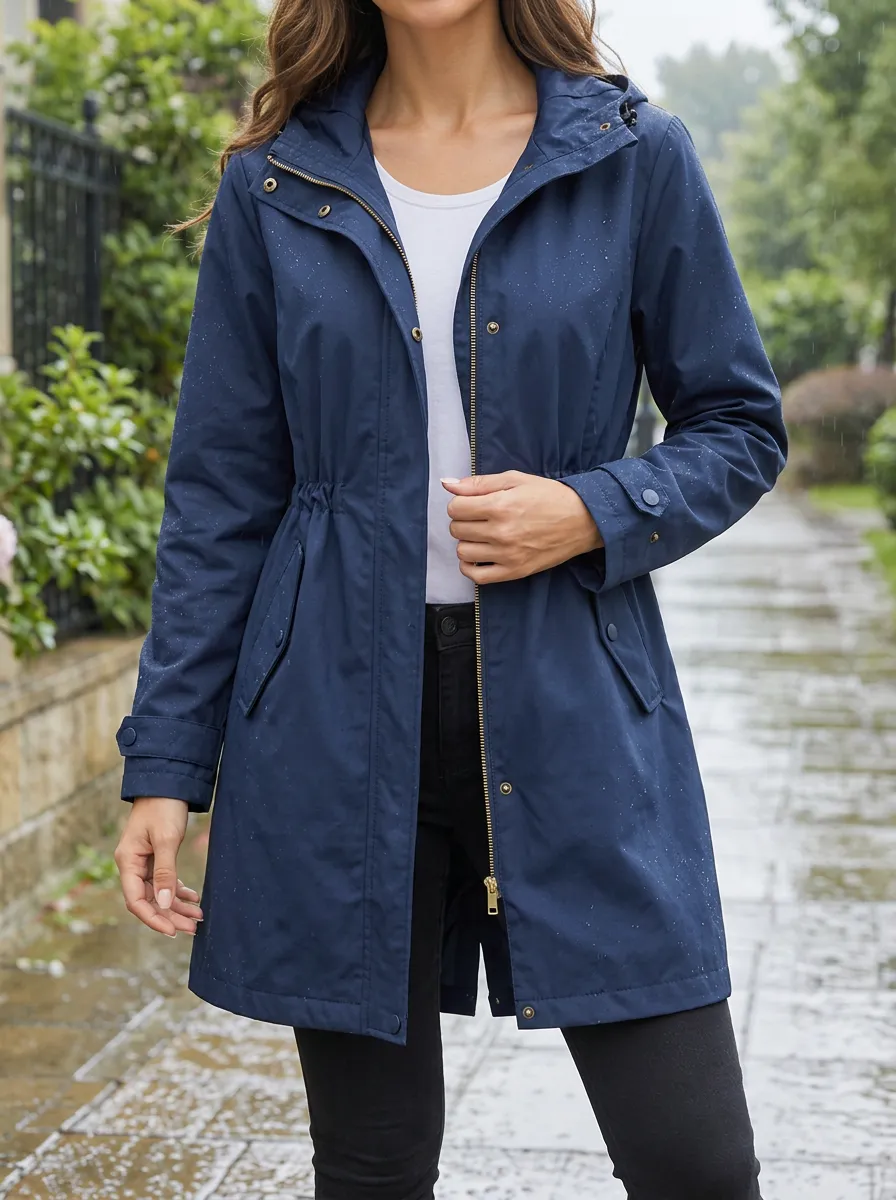 Women's Navy Blue Hooded Waterproof Rain Jacket with a Hood and Snap Fastenings