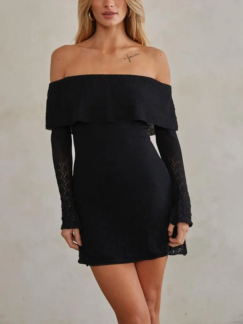 Off the Shoulder Ruffle Sweater Mini Dress