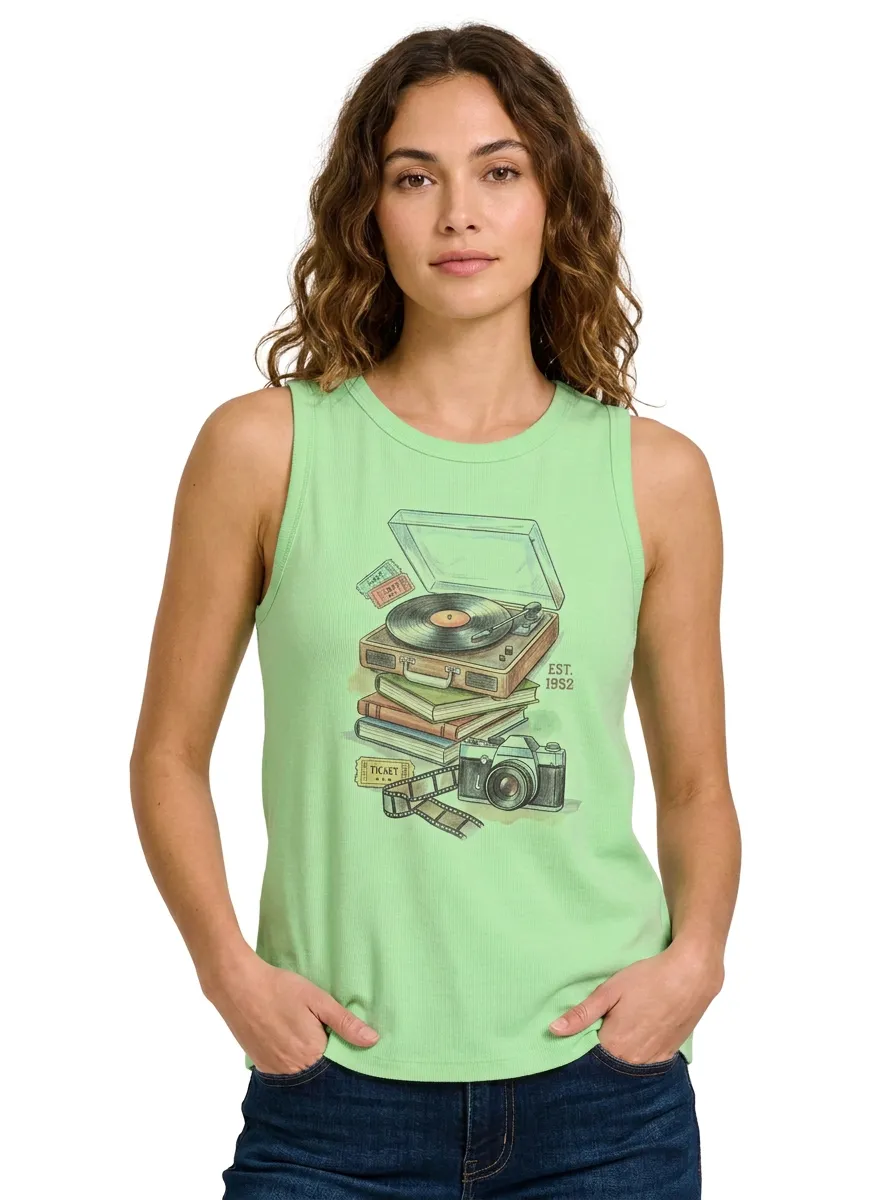 Women's Vintage Music Camera Printed Tank Top