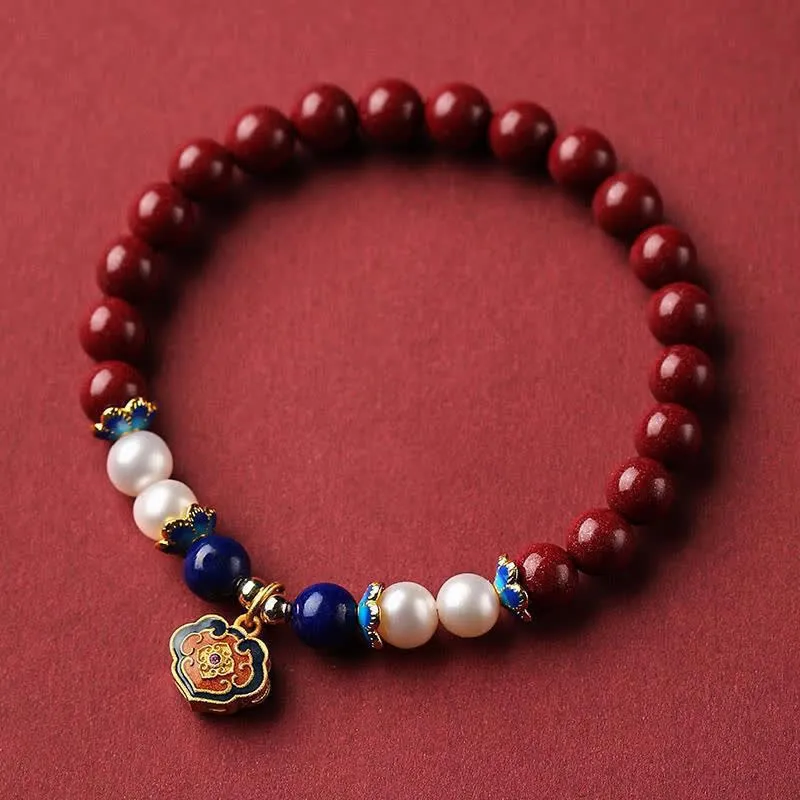 Cinnabar Lapis Lazuli Lock Charm Bracelet